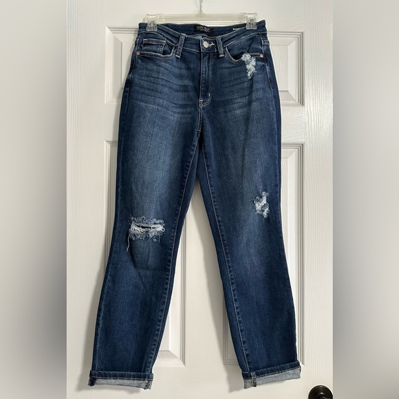 Judy Blue Dark Wash Distressed Boyfriend Jeans - Picture 2 of 9